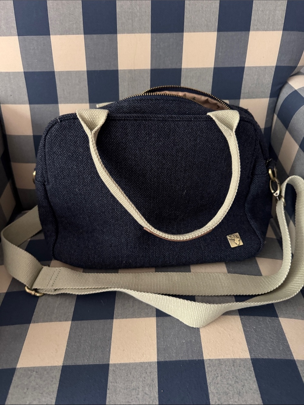 Navy Herringbone Crossbody with Cream Straps